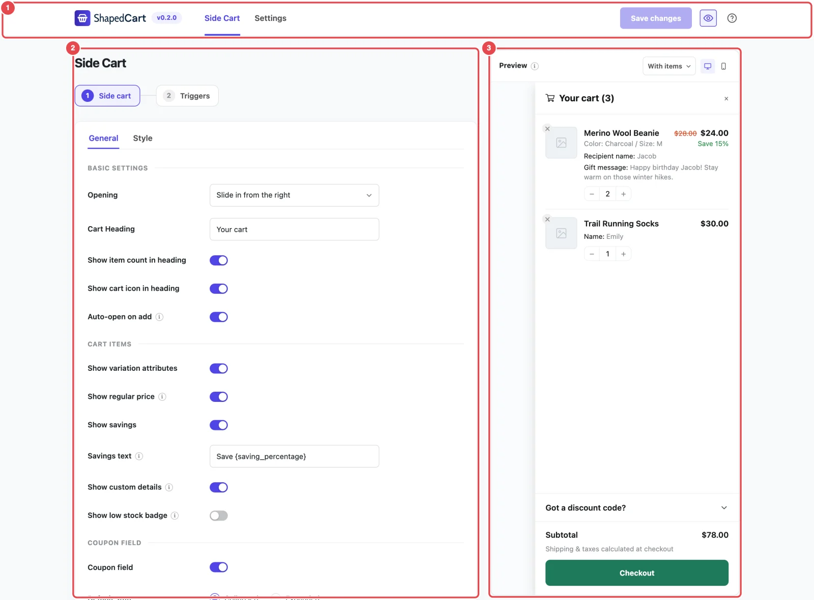 The ShapedCart settings screen: the header, the settings column and the live preview