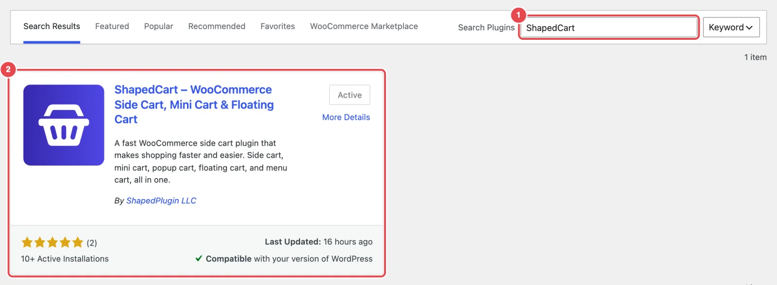 Plugins → Add New Plugin search results for ShapedCart, showing the ShapedCart plugin card