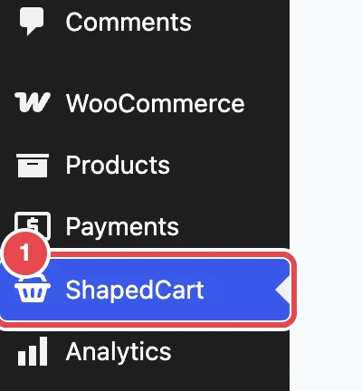 The ShapedCart item in the WordPress admin menu, among the WooCommerce menu items