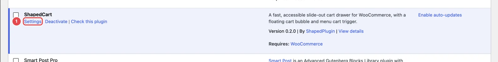 The ShapedCart row on the Plugins screen, with its Settings link highlighted