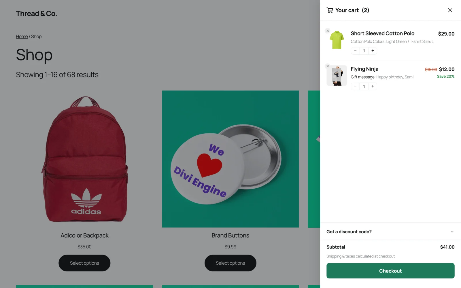 The ShapedCart side cart open on the right of a WooCommerce shop page