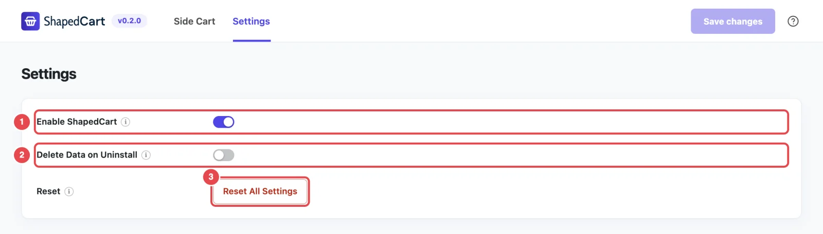 The Settings tab: Enable ShapedCart, Delete Data on Uninstall and Reset All Settings