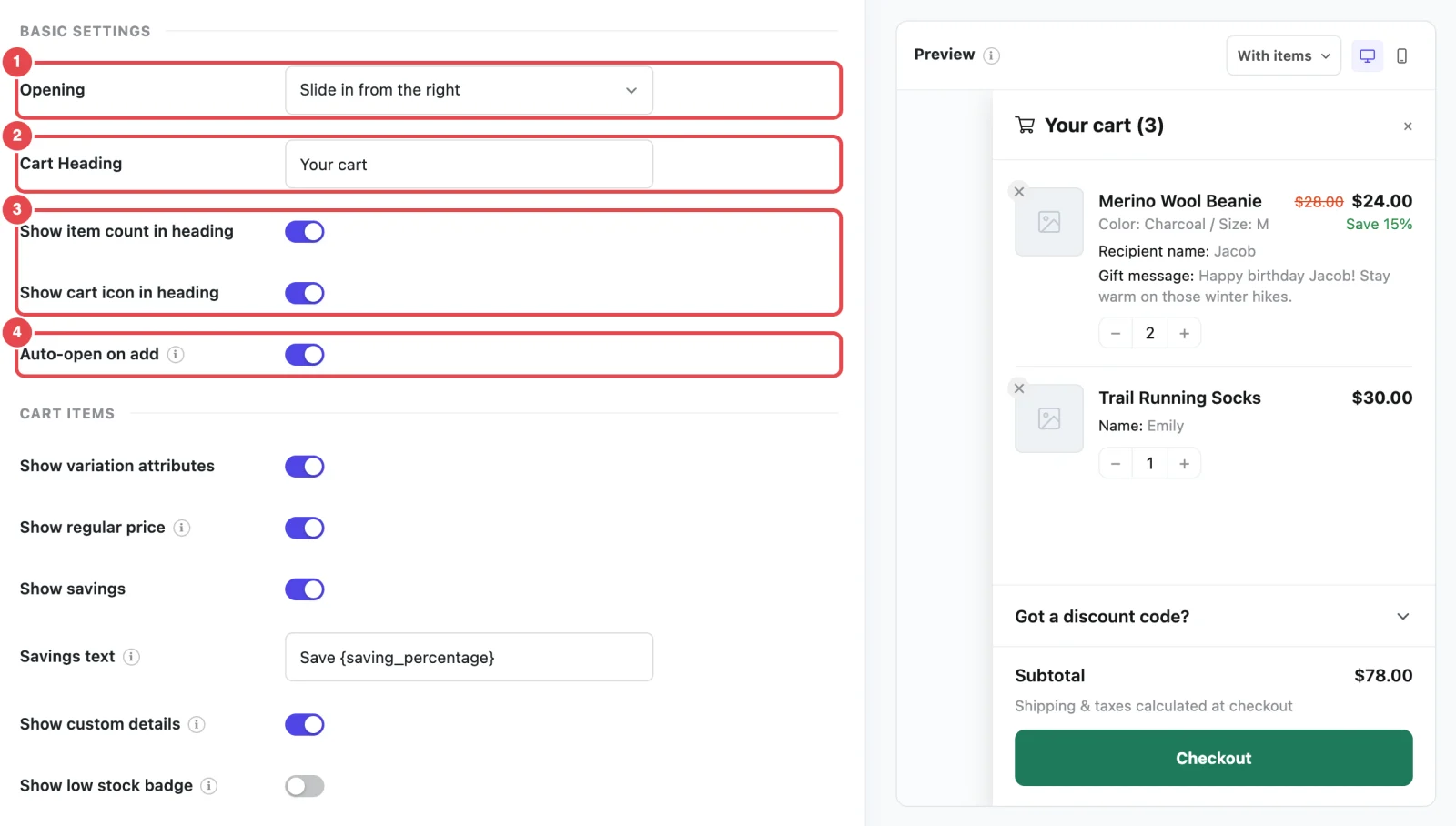 Basic Settings on the General tab: Opening, Cart Heading, the two heading switches and Auto-open on add