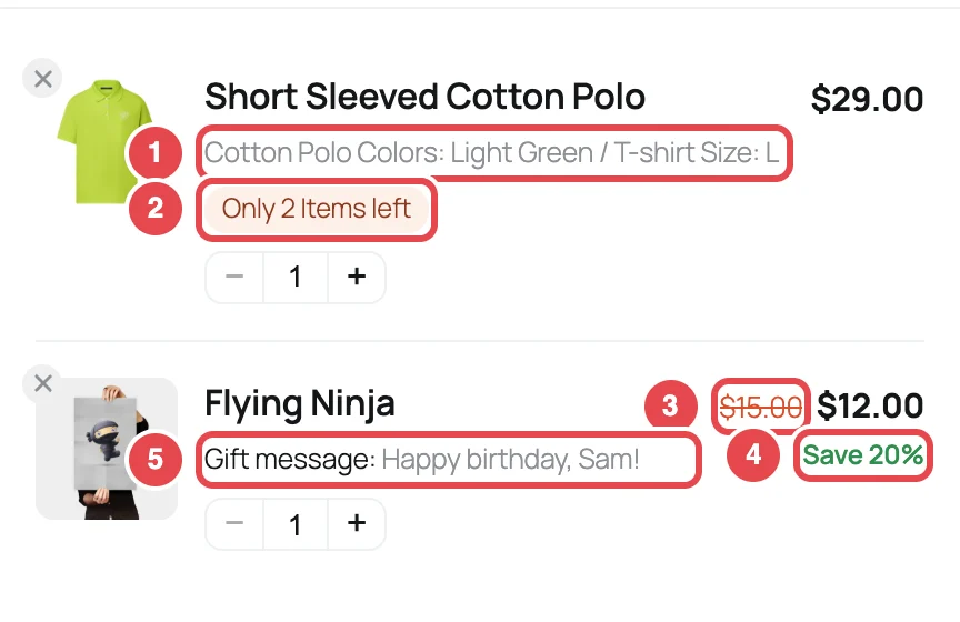 Two cart items showing a variation line, a low stock badge, a crossed-out regular price, a savings badge and a gift message