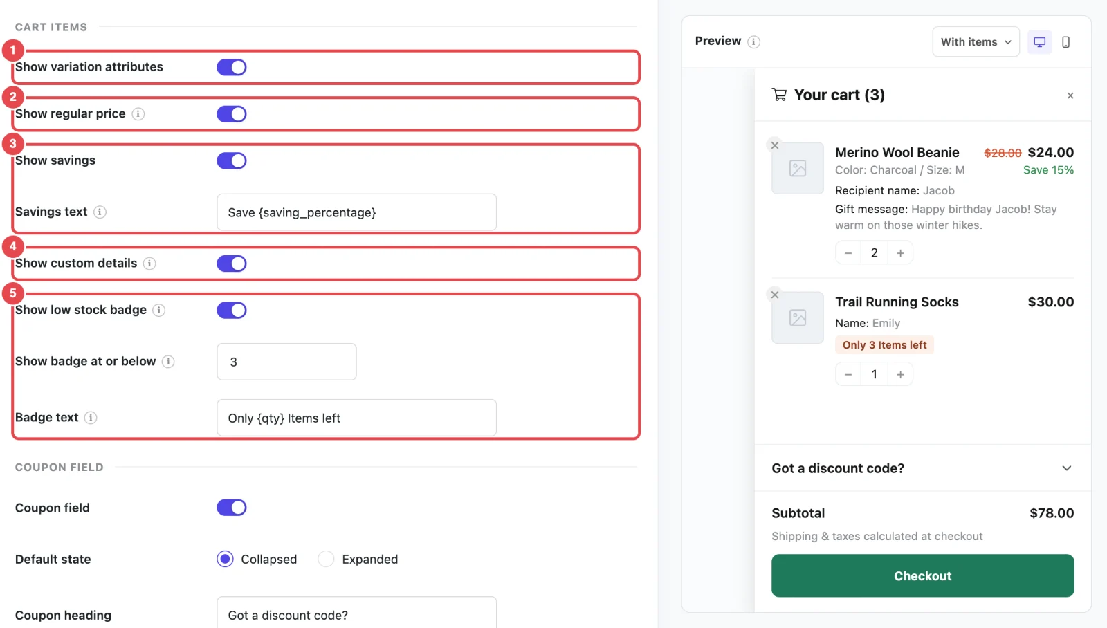 Cart Items settings: variation attributes, regular price, savings, custom details and the low stock badge