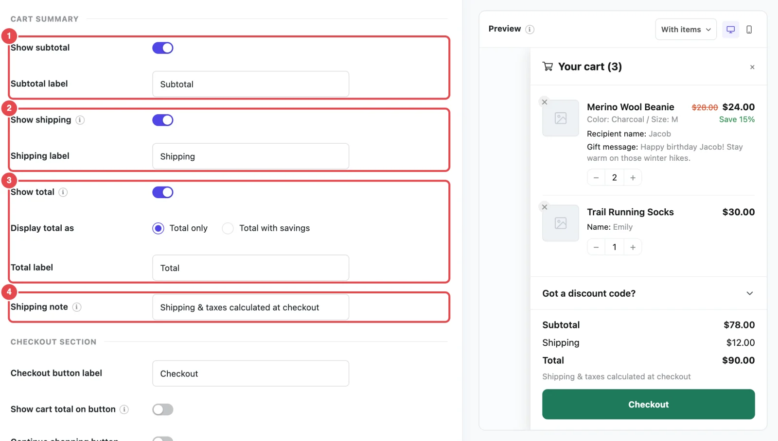Cart Summary settings with subtotal, shipping and total switched on
