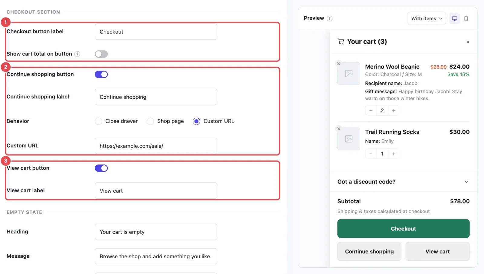 Checkout Section settings with Continue shopping set to a custom URL and the View cart button on
