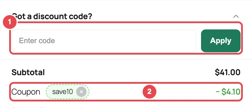 The coupon code box and Apply button, with the SAVE10 coupon applied as a discount row under the subtotal