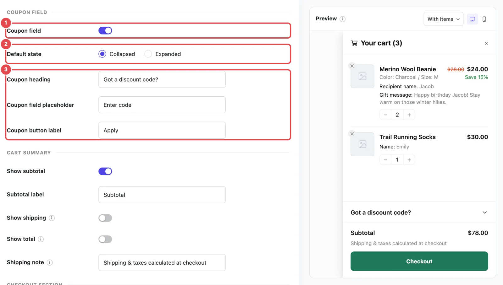 Coupon Field settings: the Coupon field switch, Default state and the three coupon labels