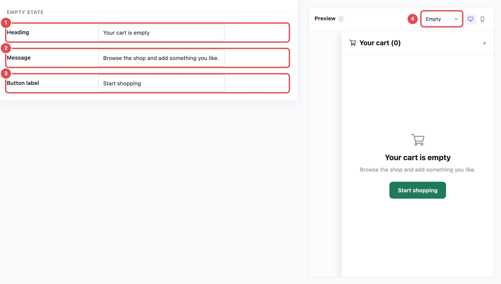 Empty State settings, with the preview switched to Empty