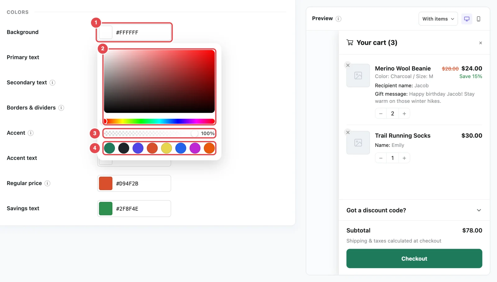 Style tab Colors, with the color picker open for Background