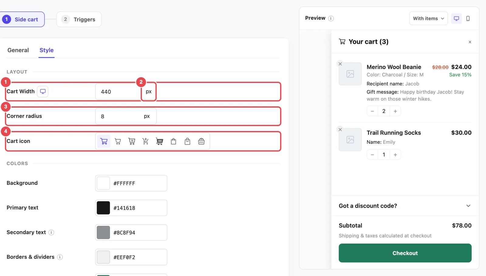 Style tab Layout settings: Cart Width with its device switch and unit picker, Corner radius and the cart icon picker