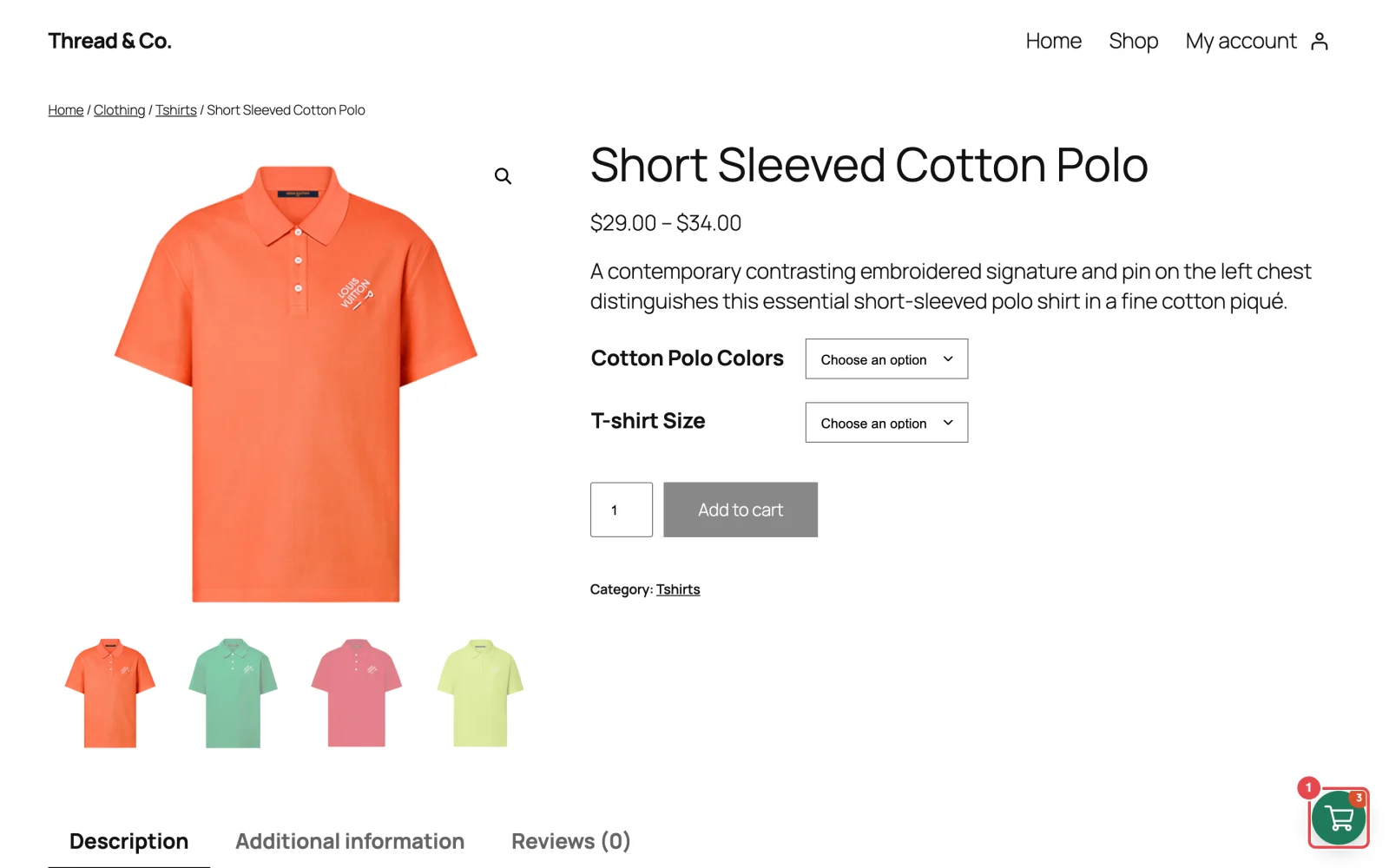 The floating cart in the bottom-right corner of a product page, with a count badge of 3